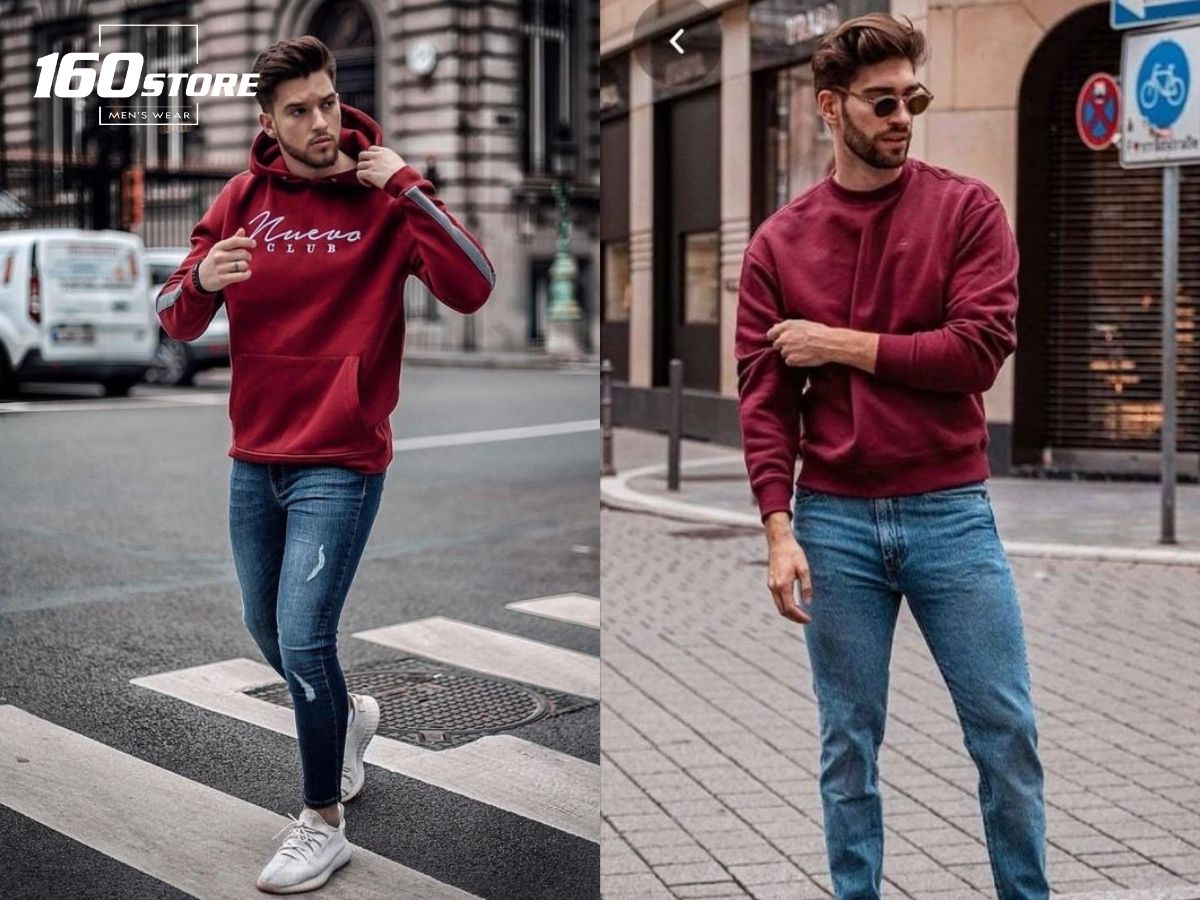 Quần Jeans Xanh Đậm Với Áo Đỏ