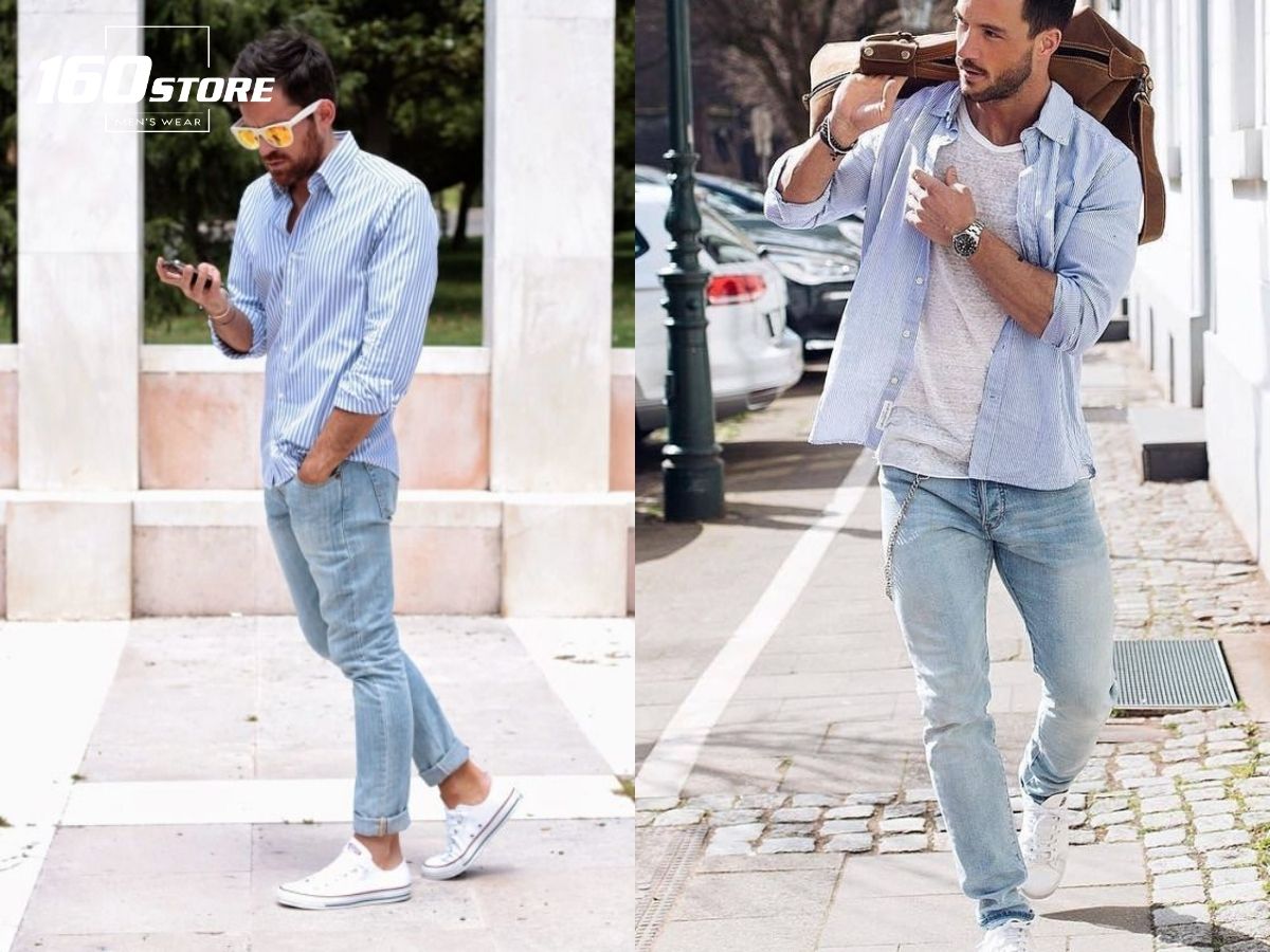 Quần Jeans Màu Xanh Trắng Với Áo Màu Xanh Dương