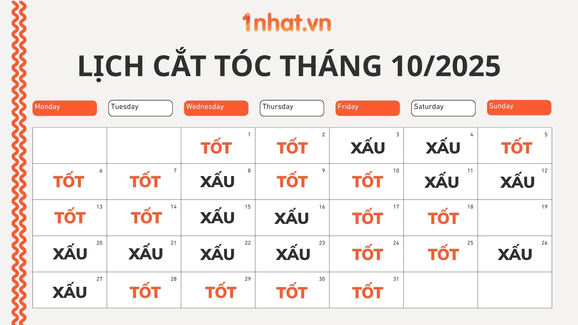 Lịch Cắt Tóc Tháng 10/2026 - Chọn Đúng Ngày Đón Vận May